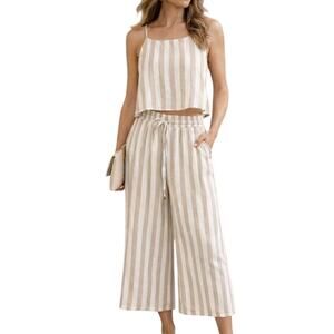 Allie Rose Rayon Pants Set Crop Top Loose Flowy Fit Tan White Old Money Sz S